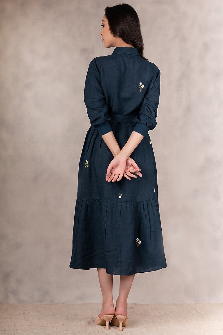 Navy Blue Embroidered Tiered Vacation Dress by Arcvsh by Pallavi Singh at Pernia's Pop Up Shop