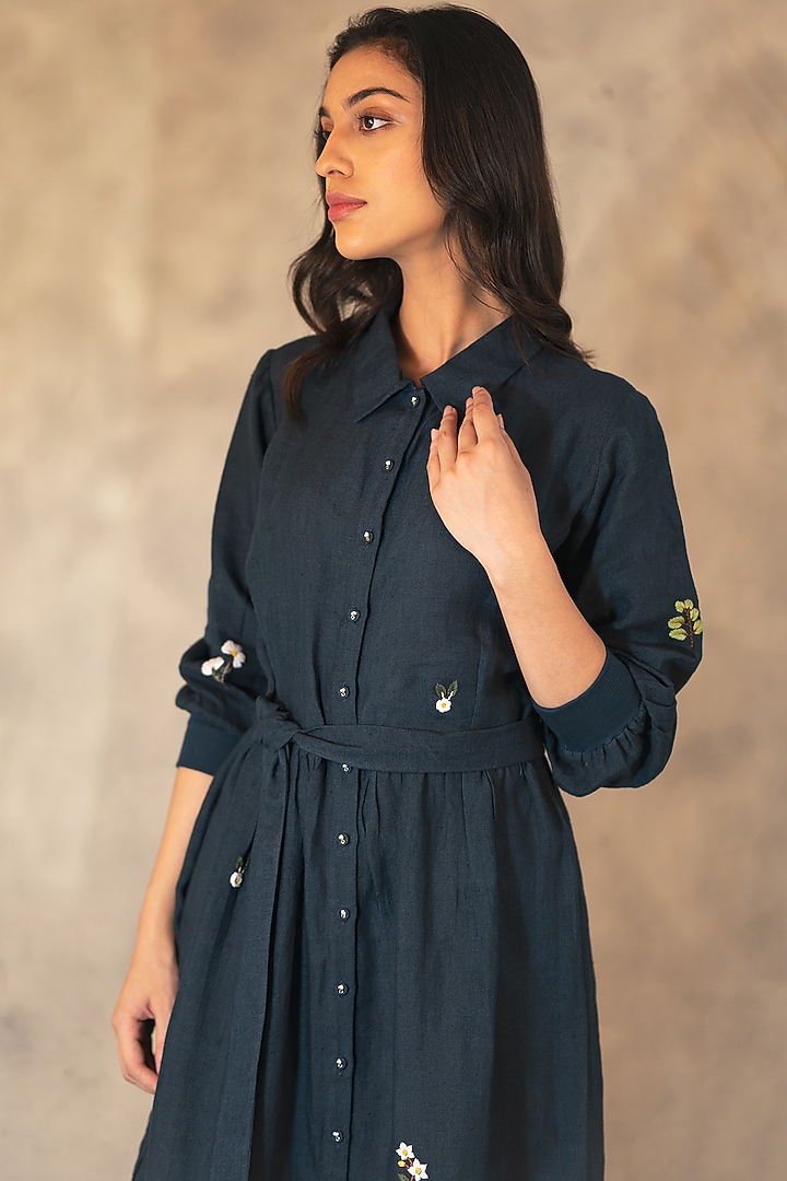 Navy Blue Embroidered Tiered Vacation Dress by Arcvsh by Pallavi Singh at Pernia's Pop Up Shop