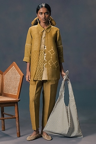 Moss Green Linen & Organza Printed Co-Ord Set by Arcvsh by Pallavi Singh