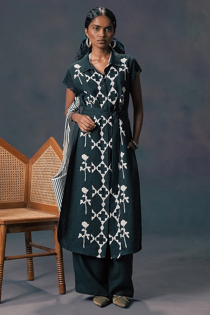 Indigo Linen Printed Co-Ord Set by Arcvsh by Pallavi Singh at Pernia's Pop Up Shop