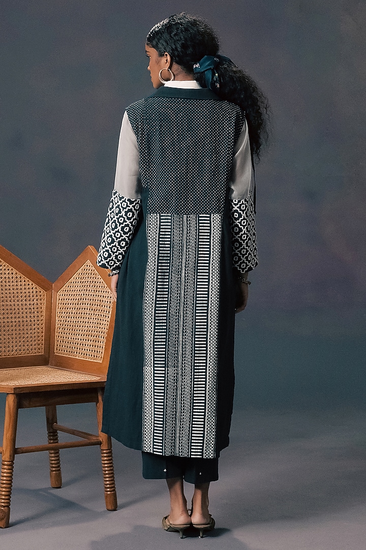 Indigo & Ivory Slub Cotton Printed Jacket Set by Arcvsh by Pallavi Singh at Pernia's Pop Up Shop