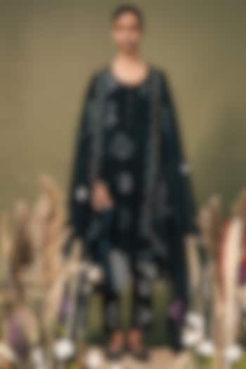 Indigo Blue Silk Chanderi Printed & Embroidered Tunic Set by Arcvsh by Pallavi Singh at Pernia's Pop Up Shop