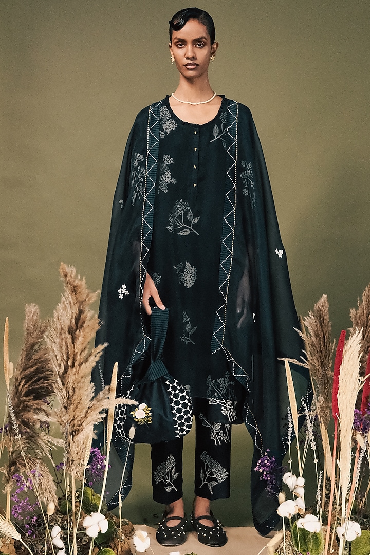 Indigo Blue Silk Chanderi Printed & Embroidered Tunic Set by Arcvsh by Pallavi Singh at Pernia's Pop Up Shop