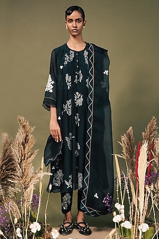 Indigo Blue Mul Chanderi Printed & Embroidered Tunic Set by Arcvsh by Pallavi Singh