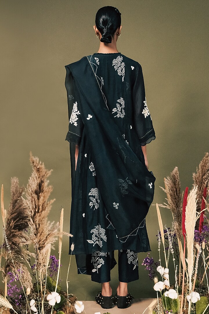 Indigo Blue Mul Chanderi Printed & Embroidered Tunic Set by Arcvsh by Pallavi Singh at Pernia's Pop Up Shop