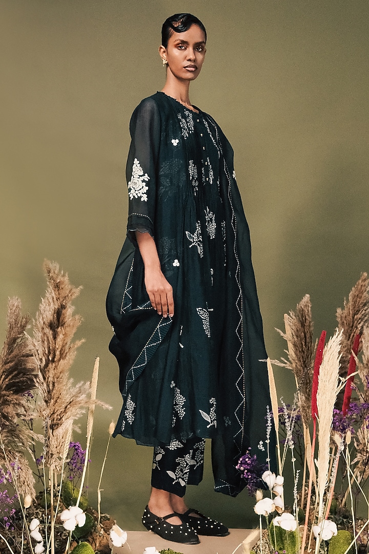 Indigo Blue Mul Chanderi Printed & Embroidered Tunic Set by Arcvsh by Pallavi Singh at Pernia's Pop Up Shop