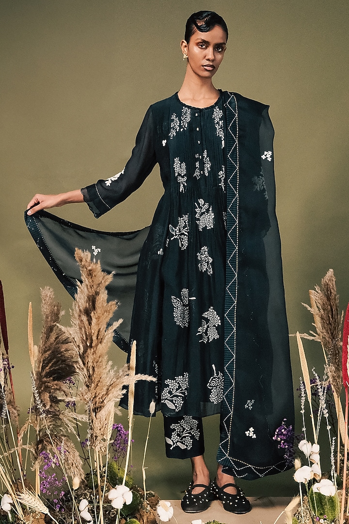 Indigo Blue Mul Chanderi Printed & Embroidered Tunic Set by Arcvsh by Pallavi Singh at Pernia's Pop Up Shop
