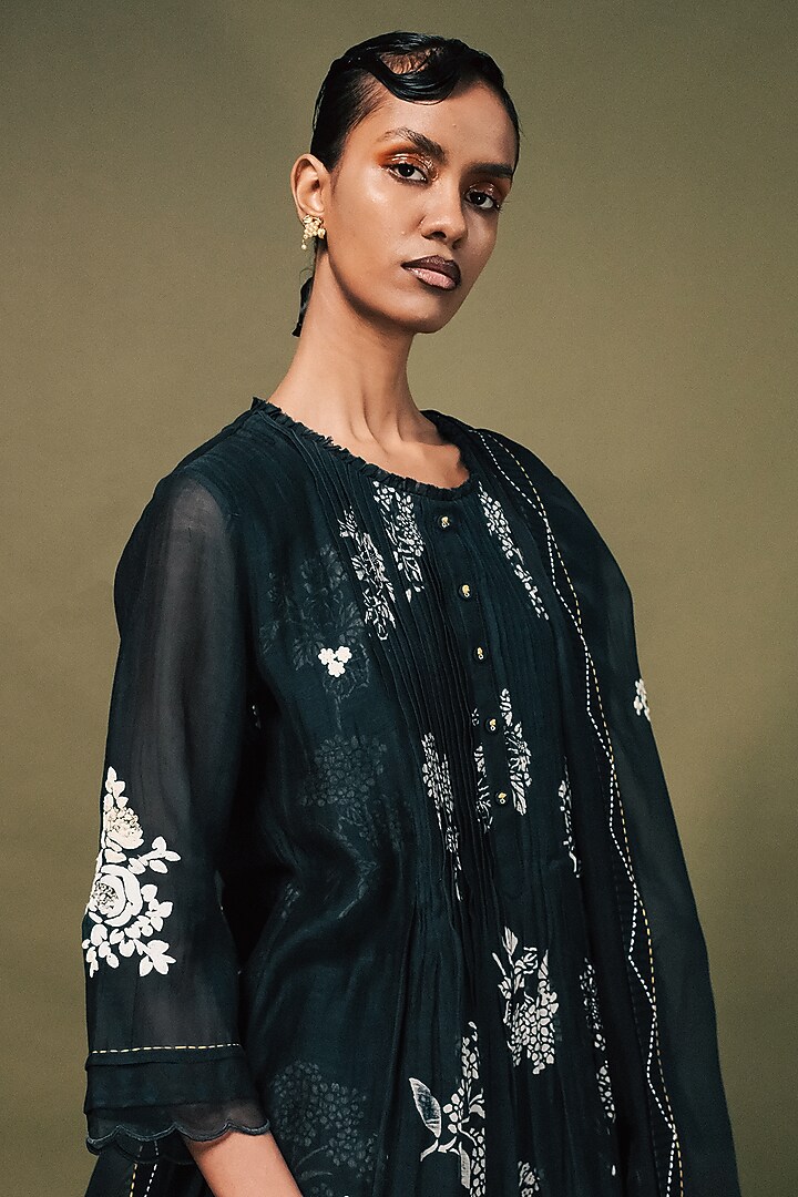 Indigo Blue Mul Chanderi Printed & Embroidered Tunic Set by Arcvsh by Pallavi Singh at Pernia's Pop Up Shop