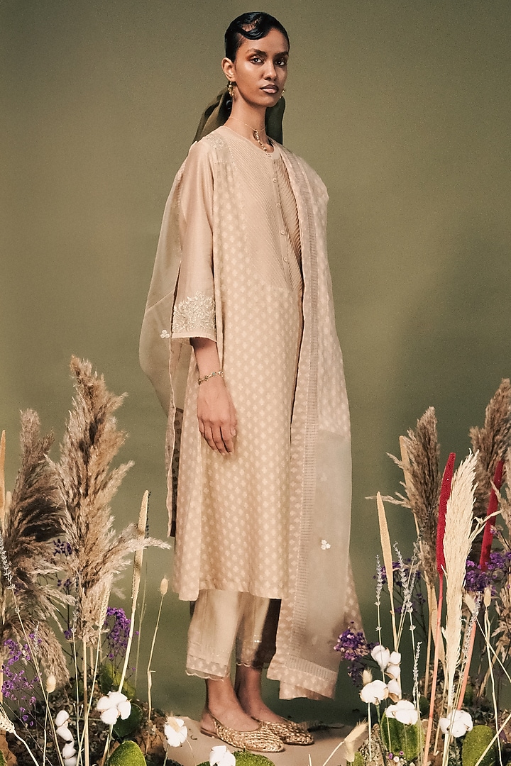 Beige Banarasi Brocade Gota Patti Embroidered Tunic Set by Arcvsh by Pallavi Singh at Pernia's Pop Up Shop
