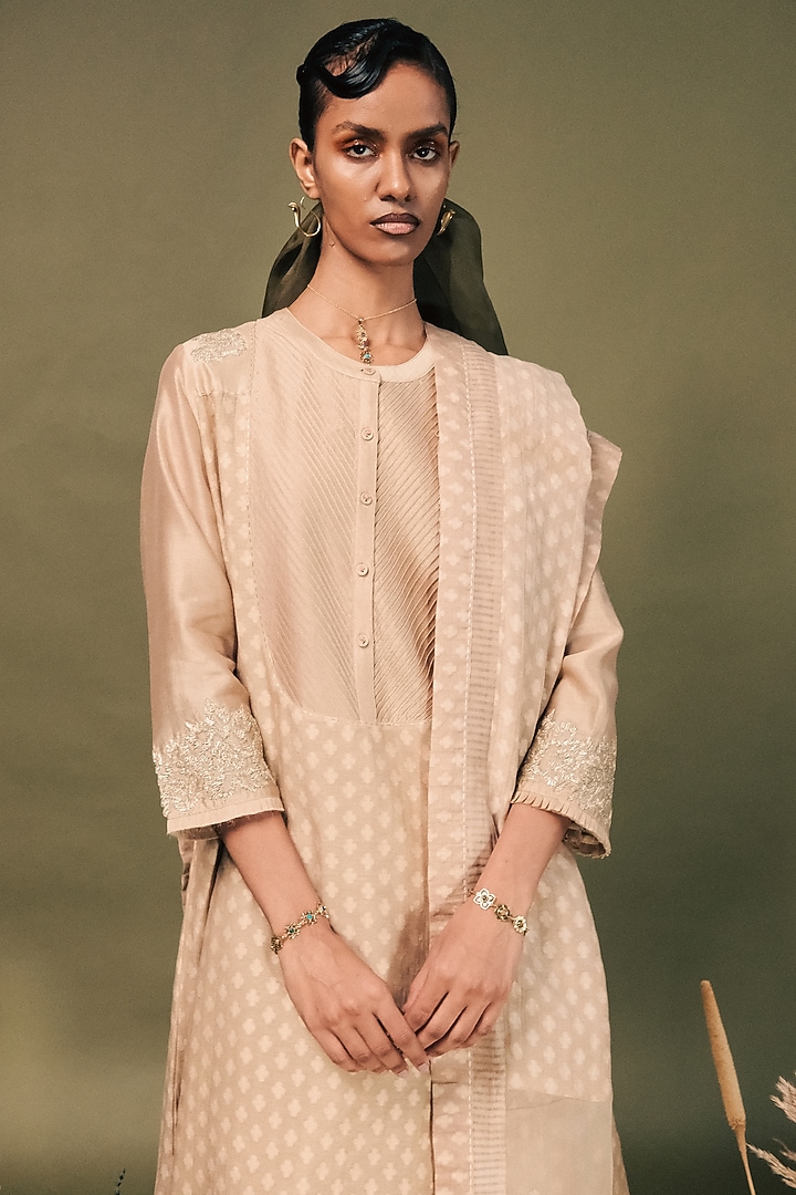 Beige Banarasi Brocade Gota Patti Embroidered Tunic Set by Arcvsh by Pallavi Singh at Pernia's Pop Up Shop