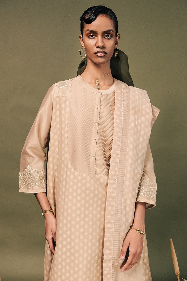 Beige Banarasi Brocade Gota Patti Embroidered Tunic Set by Arcvsh by Pallavi Singh at Pernia's Pop Up Shop