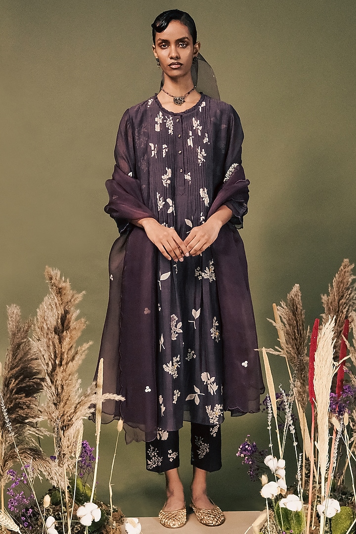 Lavender Mul Chanderi Printed & Embroidered Tunic Set by Arcvsh by Pallavi Singh at Pernia's Pop Up Shop