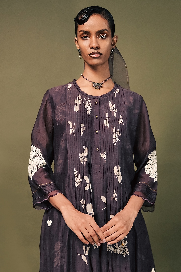 Lavender Mul Chanderi Printed & Embroidered Tunic Set by Arcvsh by Pallavi Singh at Pernia's Pop Up Shop