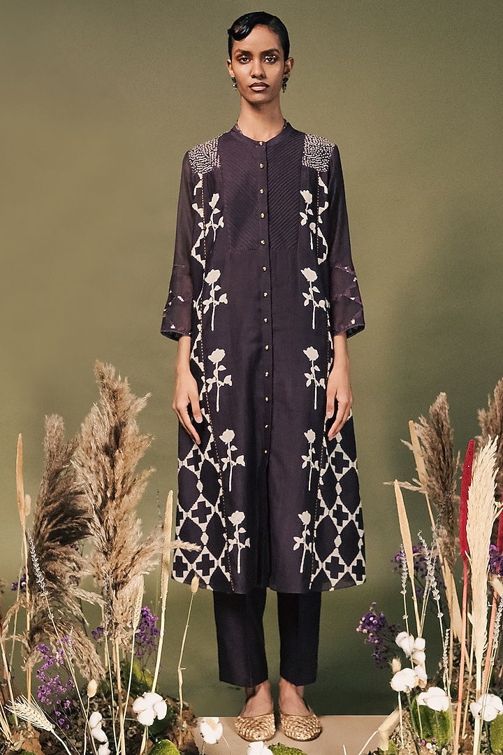 Lavender Mul Chanderi Printed & Embroidered Tunic Set by Arcvsh by Pallavi Singh at Pernia's Pop Up Shop