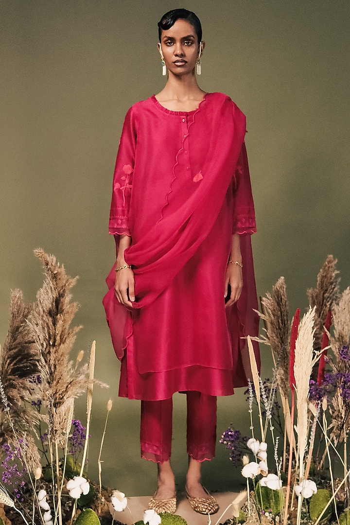 Fuchsia Silk Chanderi Dori Embroidered Layered Tunic Set by Arcvsh by Pallavi Singh at Pernia's Pop Up Shop