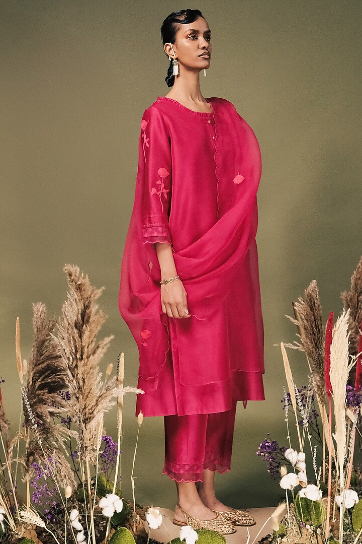 Fuchsia Silk Chanderi Dori Embroidered Layered Tunic Set by Arcvsh by Pallavi Singh at Pernia's Pop Up Shop