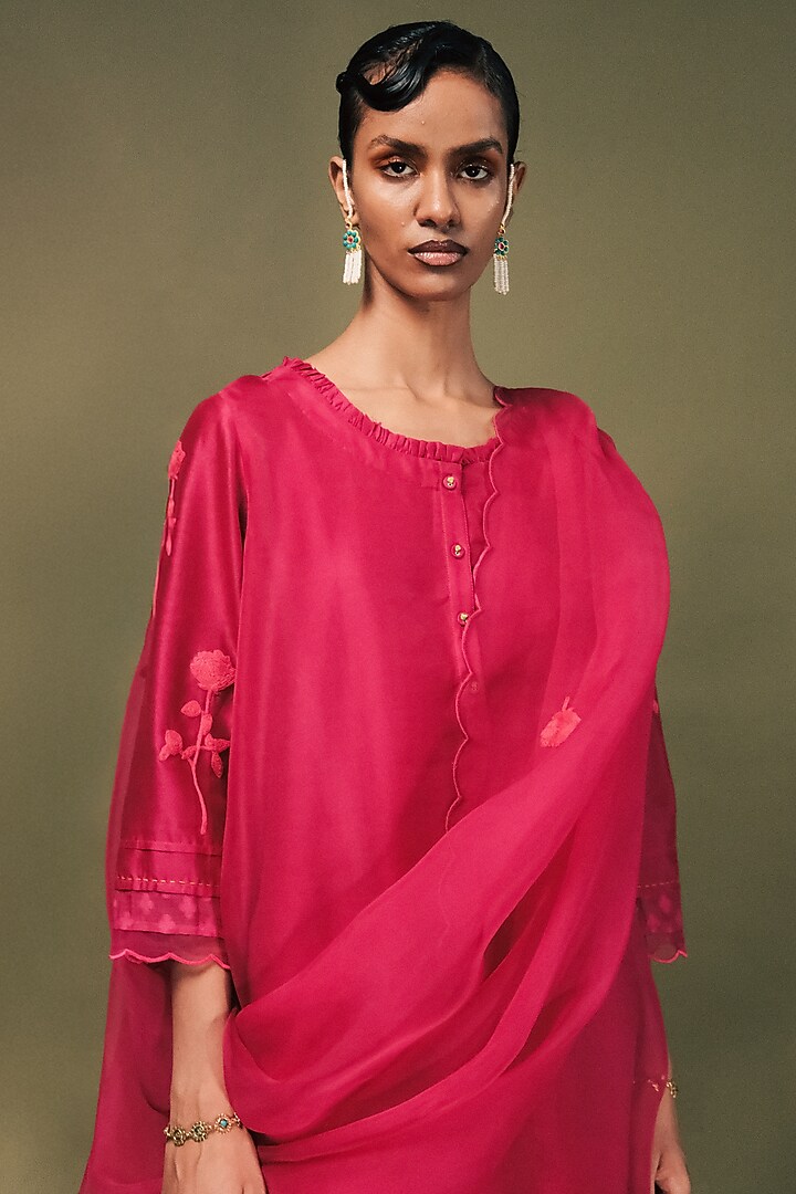 Fuchsia Silk Chanderi Dori Embroidered Layered Tunic Set by Arcvsh by Pallavi Singh at Pernia's Pop Up Shop