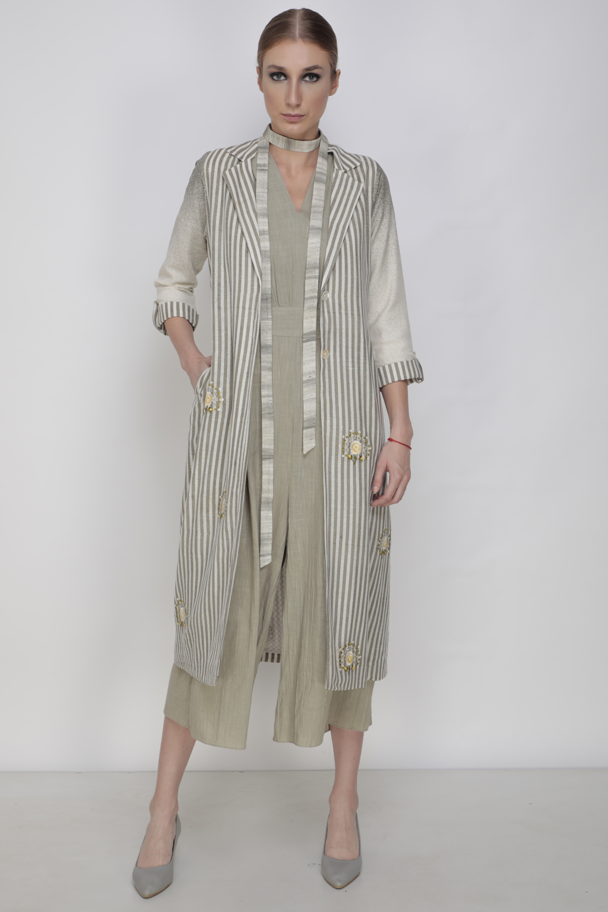 Grey Jumpsuit With Embroidered Jacket  by Arcvsh by Pallavi Singh at Pernia's Pop Up Shop