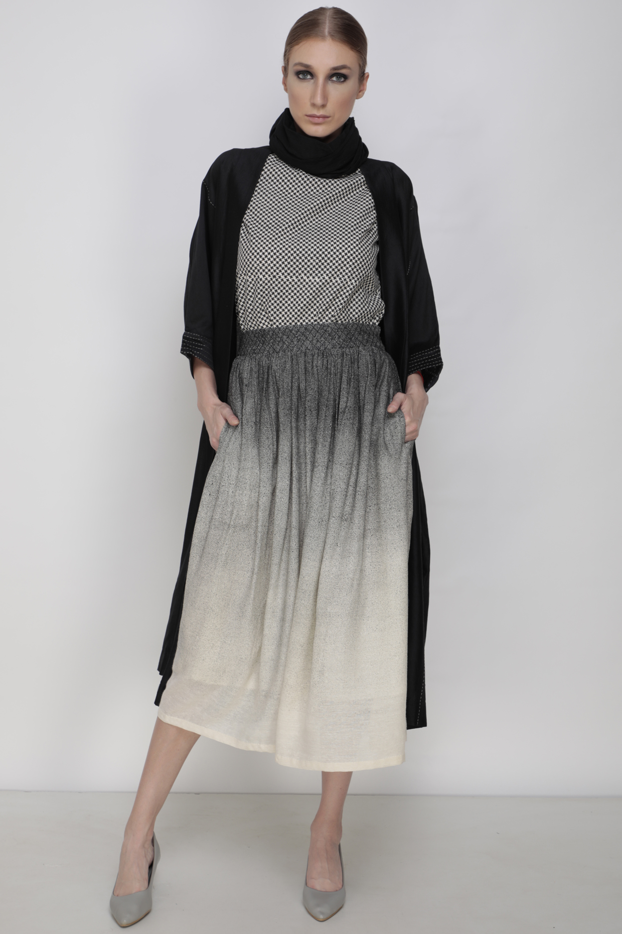 Black Printed Top With Skirt & Throwon by Arcvsh by Pallavi Singh at Pernia's Pop Up Shop
