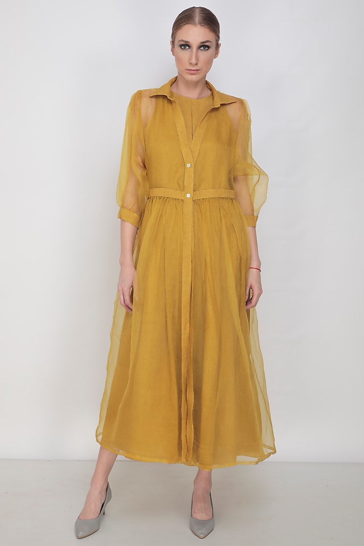 Mustard Linen Jumpsuit With Jacket by Arcvsh by Pallavi Singh at Pernia's Pop Up Shop