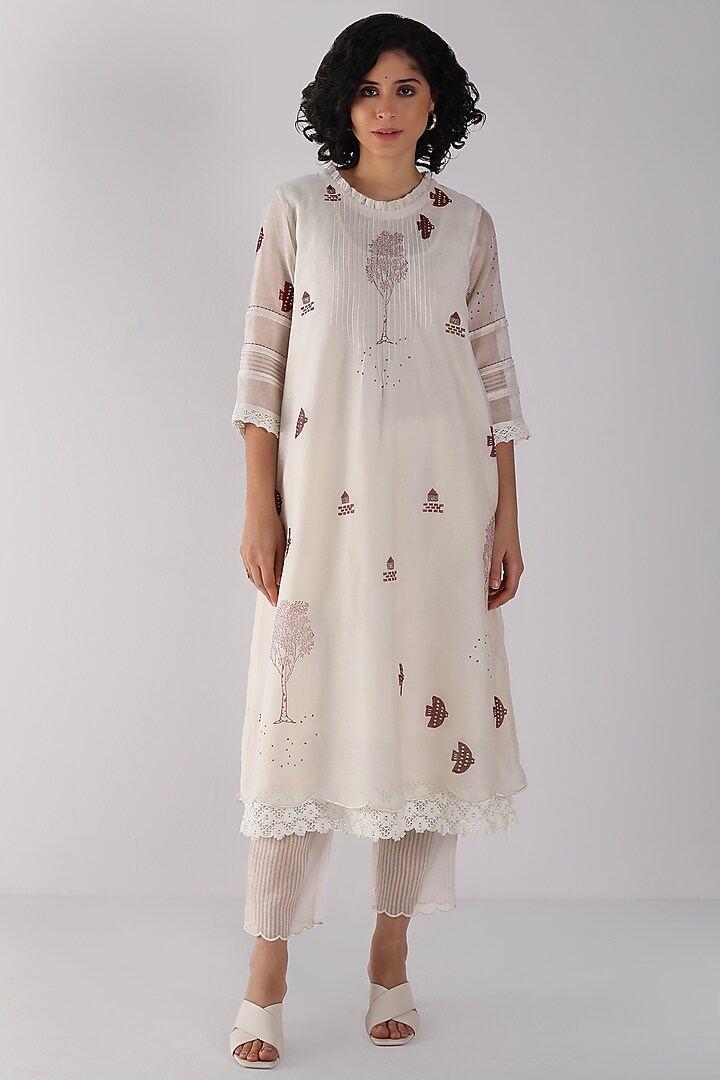 Ivory Cotton Chanderi Block Printed Tunic Set by Arcvsh by Pallavi Singh at Pernia's Pop Up Shop