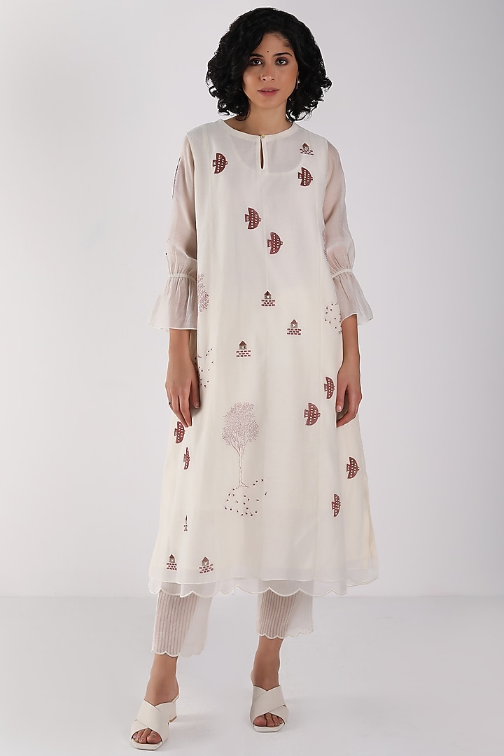 Ivory Cotton Chanderi Printed & Hand Embroidered Tunic Set by Arcvsh by Pallavi Singh at Pernia's Pop Up Shop