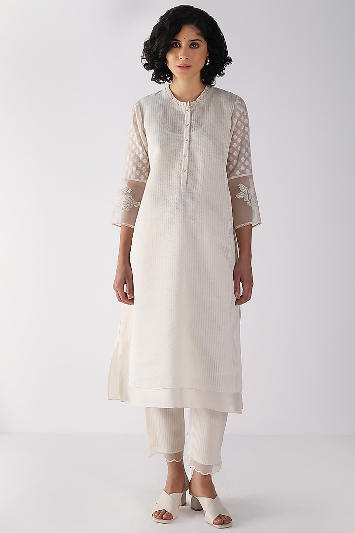 Ivory Stripe Organza Embroidered Tunic Set by Arcvsh by Pallavi Singh at Pernia's Pop Up Shop