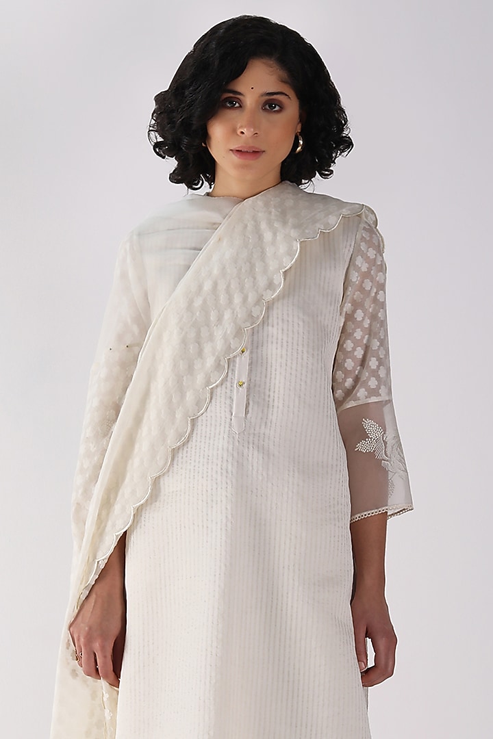 Ivory Stripe Organza Embroidered Tunic Set by Arcvsh by Pallavi Singh at Pernia's Pop Up Shop