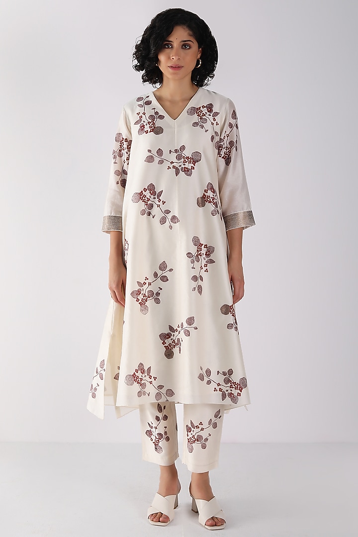 Ivory Silk Chanderi Printed & Sequins Work Tunic Set by Arcvsh by Pallavi Singh at Pernia's Pop Up Shop