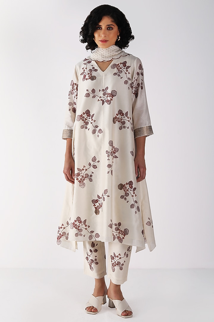 Ivory Silk Chanderi Printed & Sequins Work Tunic Set by Arcvsh by Pallavi Singh at Pernia's Pop Up Shop