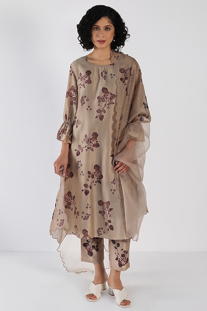 Beige Silk Chanderi Printed & Sequins Work Tunic Set by Arcvsh by Pallavi Singh at Pernia's Pop Up Shop