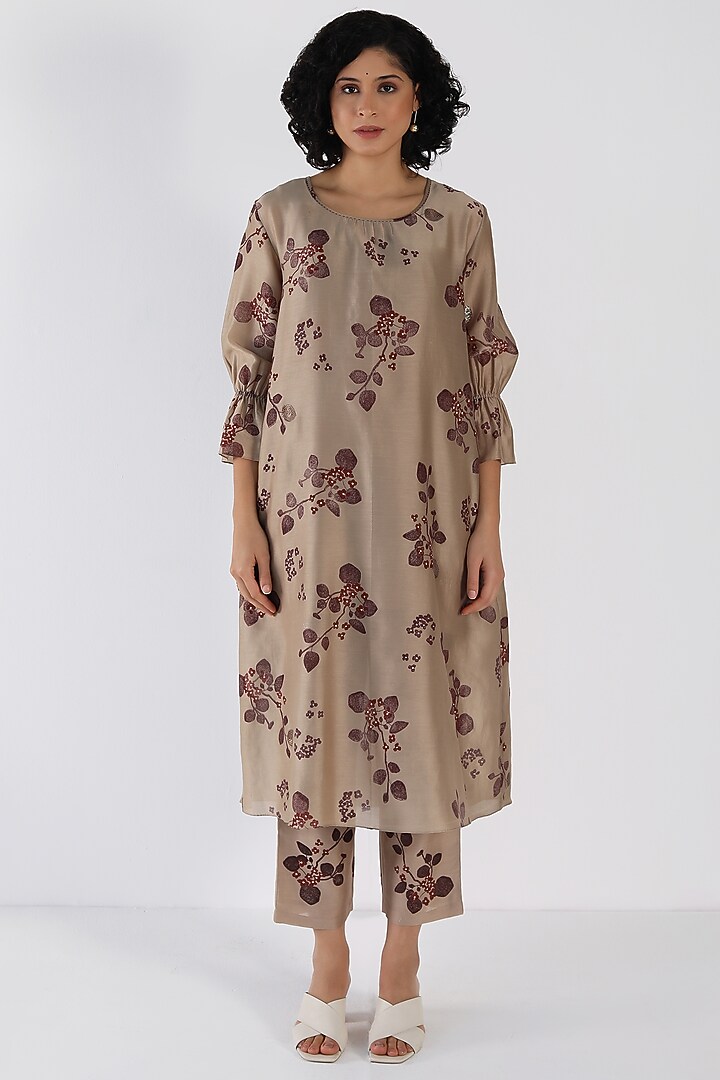 Beige Silk Chanderi Printed & Sequins Work Tunic Set by Arcvsh by Pallavi Singh at Pernia's Pop Up Shop