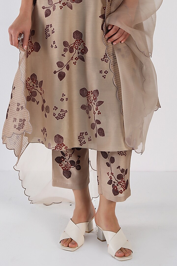 Beige Silk Chanderi Printed & Sequins Work Tunic Set by Arcvsh by Pallavi Singh at Pernia's Pop Up Shop