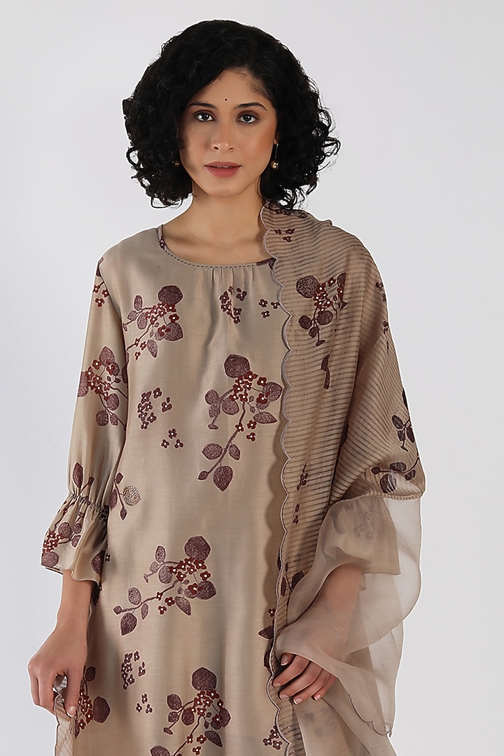Beige Silk Chanderi Printed & Sequins Work Tunic Set by Arcvsh by Pallavi Singh at Pernia's Pop Up Shop