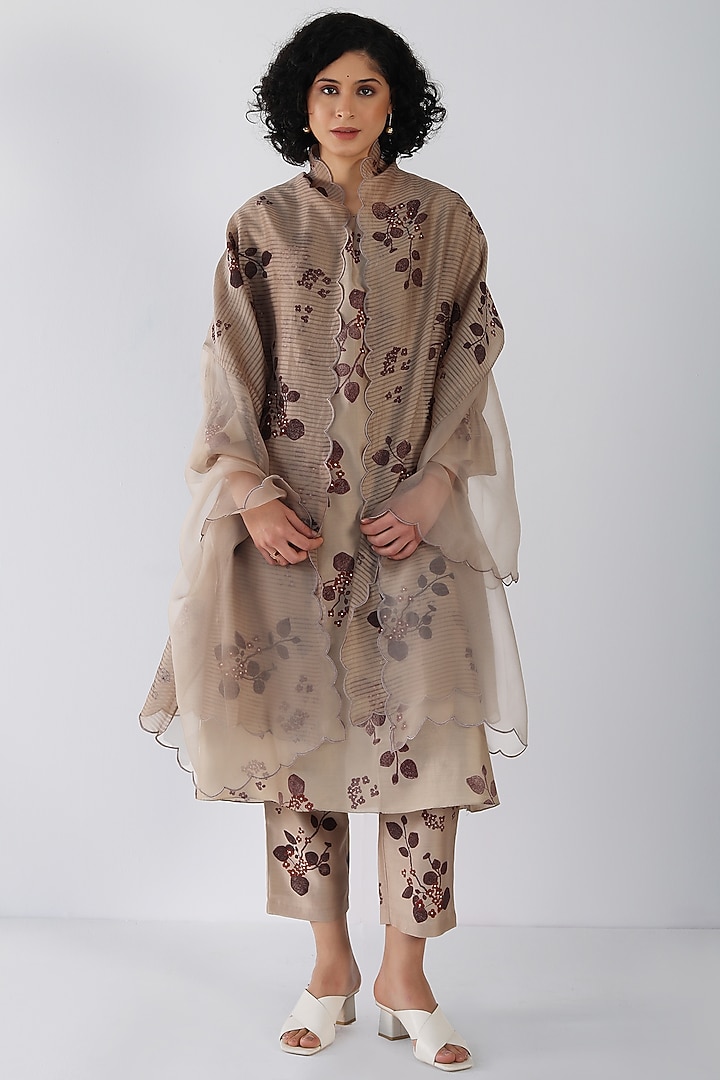 Beige Silk Chanderi Printed & Sequins Work Tunic Set by Arcvsh by Pallavi Singh at Pernia's Pop Up Shop