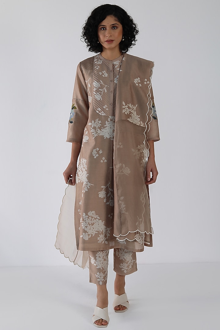 Beige Silk Chanderi Printed & Embroidered Tunic Set by Arcvsh by Pallavi Singh at Pernia's Pop Up Shop