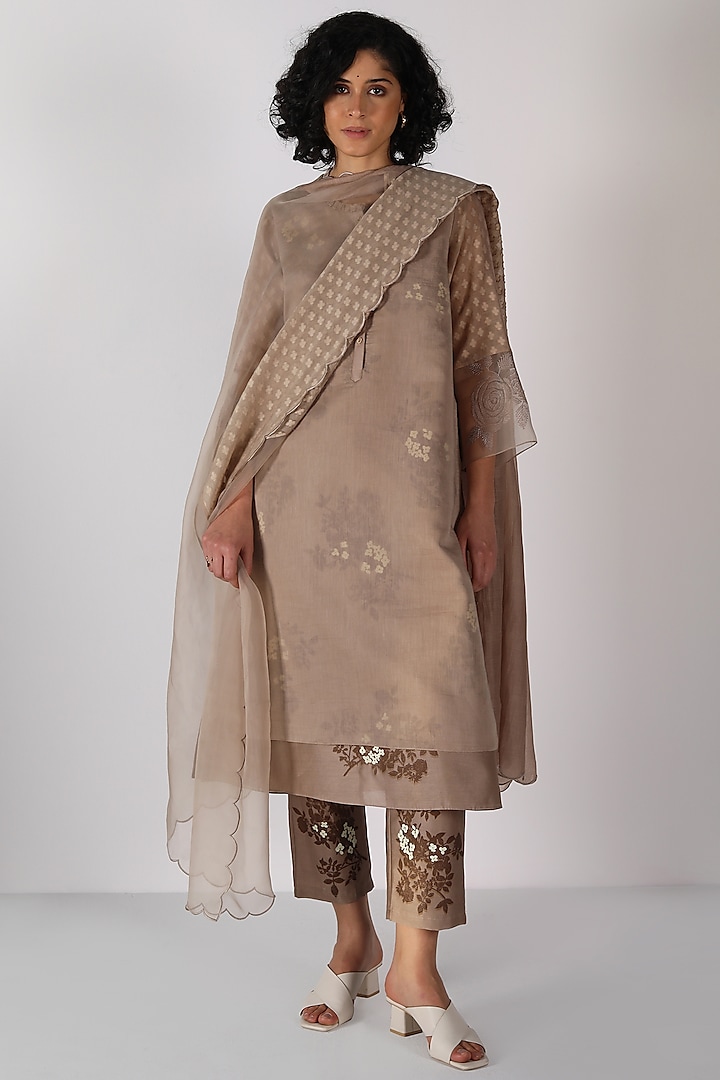 Beige Silk Chanderi Block Printed & Embroidered Tunic Set by Arcvsh by Pallavi Singh at Pernia's Pop Up Shop