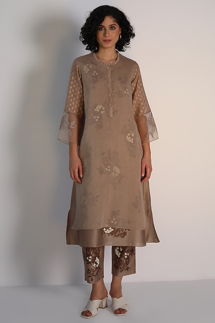 Beige Silk Chanderi Block Printed & Embroidered Tunic Set by Arcvsh by Pallavi Singh at Pernia's Pop Up Shop
