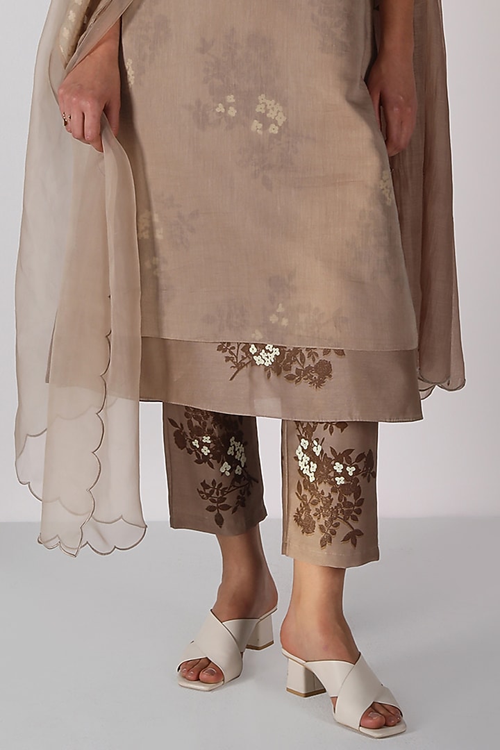 Beige Silk Chanderi Block Printed & Embroidered Tunic Set by Arcvsh by Pallavi Singh at Pernia's Pop Up Shop