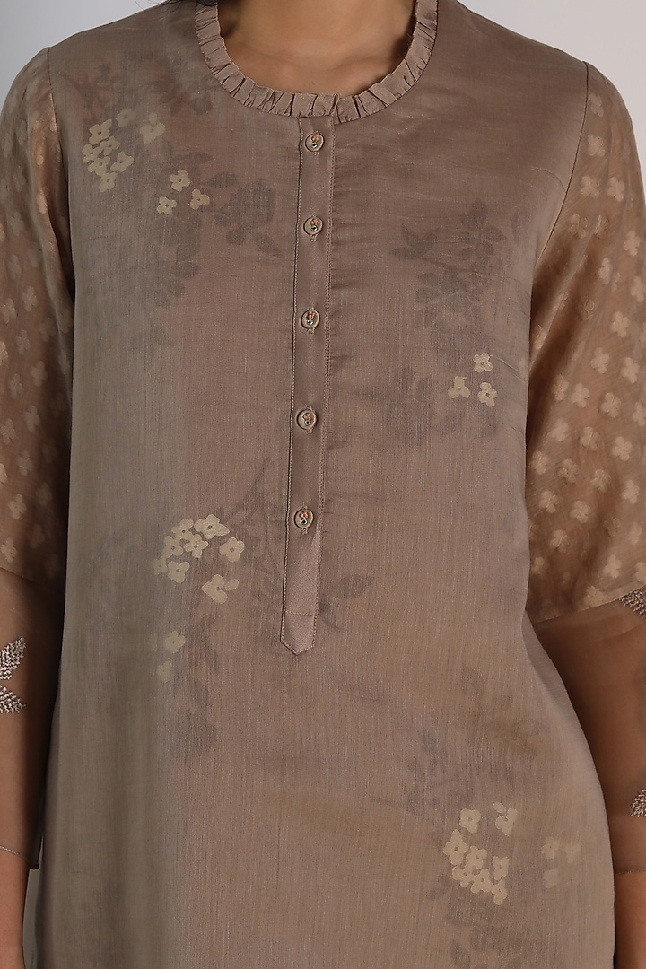 Beige Silk Chanderi Block Printed & Embroidered Tunic Set by Arcvsh by Pallavi Singh at Pernia's Pop Up Shop