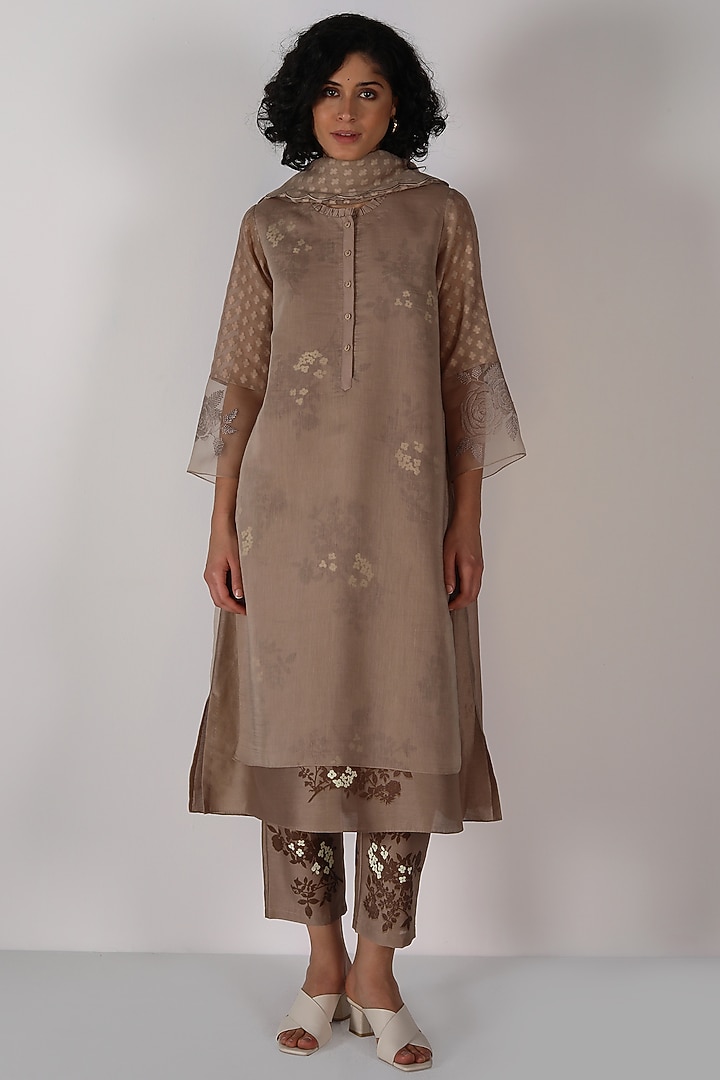 Beige Silk Chanderi Block Printed & Embroidered Tunic Set by Arcvsh by Pallavi Singh at Pernia's Pop Up Shop