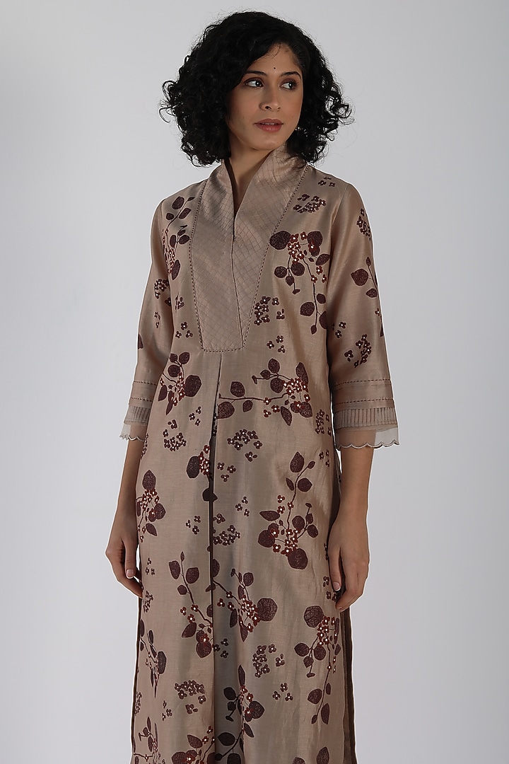 Beige Silk Chanderi Block Printed Tunic Set by Arcvsh by Pallavi Singh at Pernia's Pop Up Shop