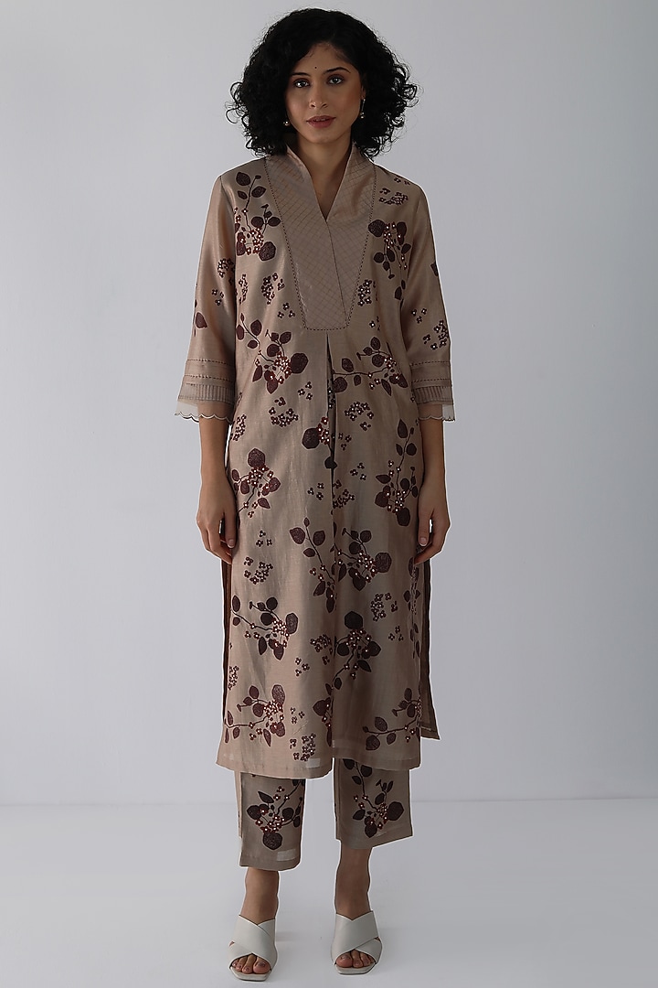 Beige Silk Chanderi Block Printed Tunic Set by Arcvsh by Pallavi Singh at Pernia's Pop Up Shop
