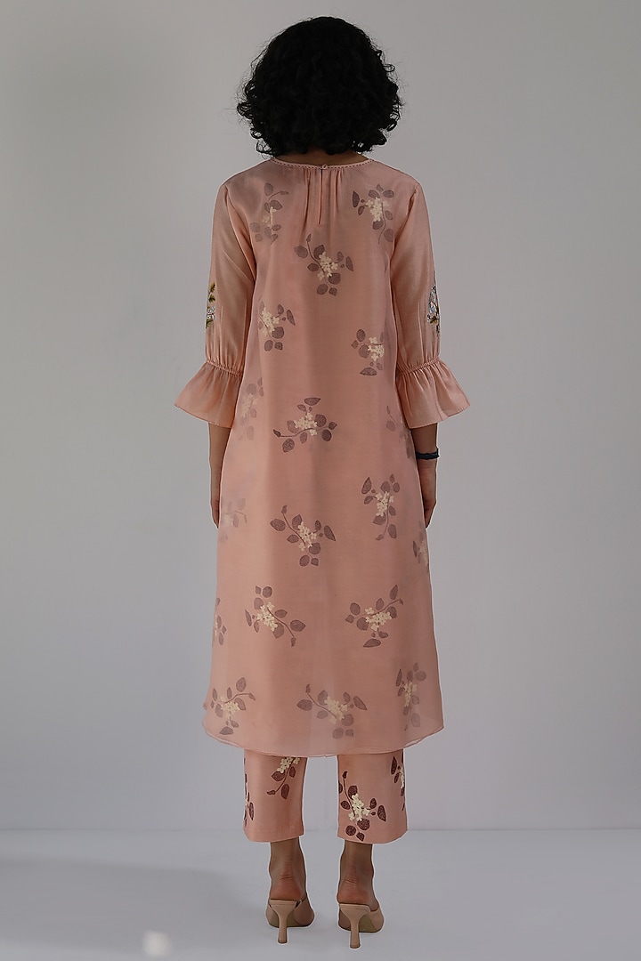 Old Rose Silk Chanderi Block Printed & Embroidered Tunic Set by Arcvsh by Pallavi Singh at Pernia's Pop Up Shop