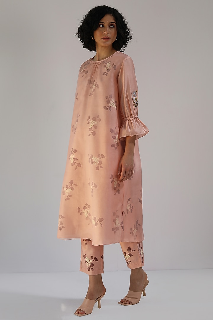 Old Rose Silk Chanderi Block Printed & Embroidered Tunic Set by Arcvsh by Pallavi Singh at Pernia's Pop Up Shop