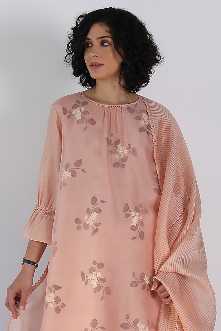 Old Rose Silk Chanderi Block Printed & Embroidered Tunic Set by Arcvsh by Pallavi Singh at Pernia's Pop Up Shop
