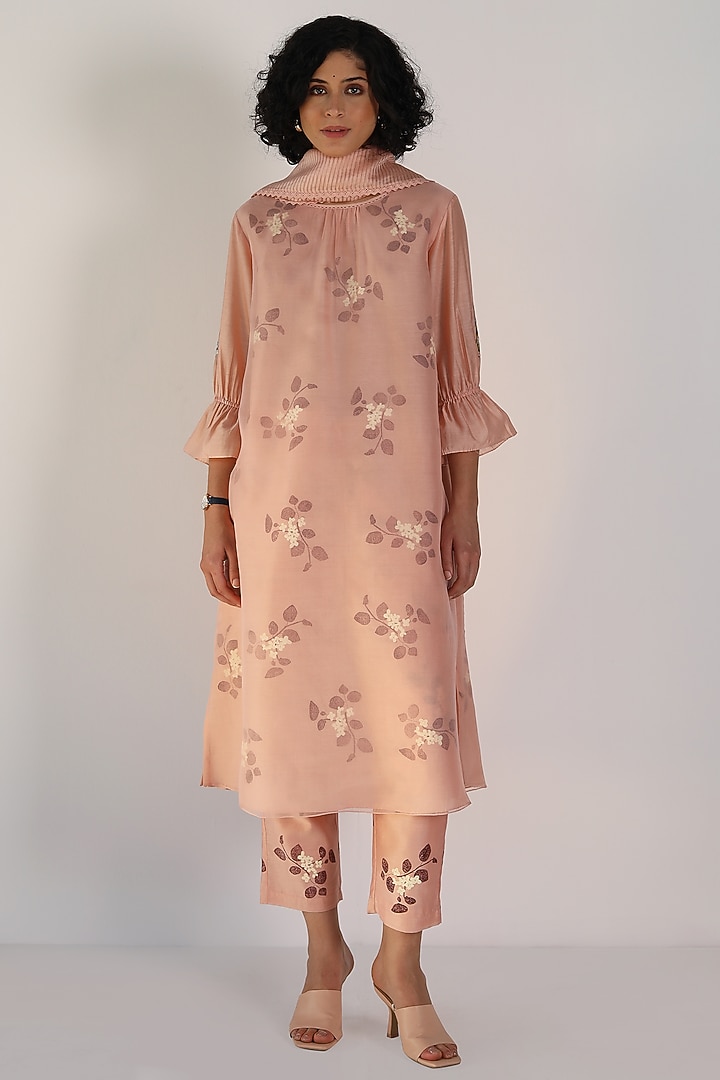 Old Rose Silk Chanderi Block Printed & Embroidered Tunic Set by Arcvsh by Pallavi Singh at Pernia's Pop Up Shop
