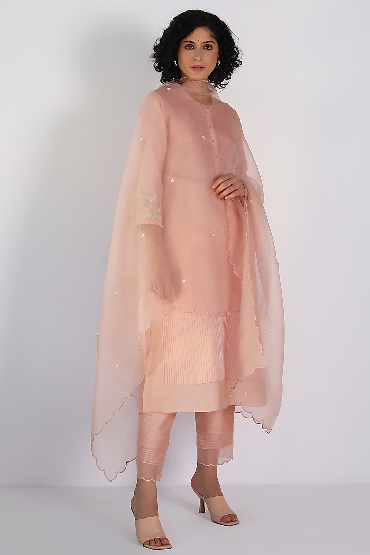 Old Rose Silk Chanderi Hand Embroidered Tunic Set by Arcvsh by Pallavi Singh at Pernia's Pop Up Shop