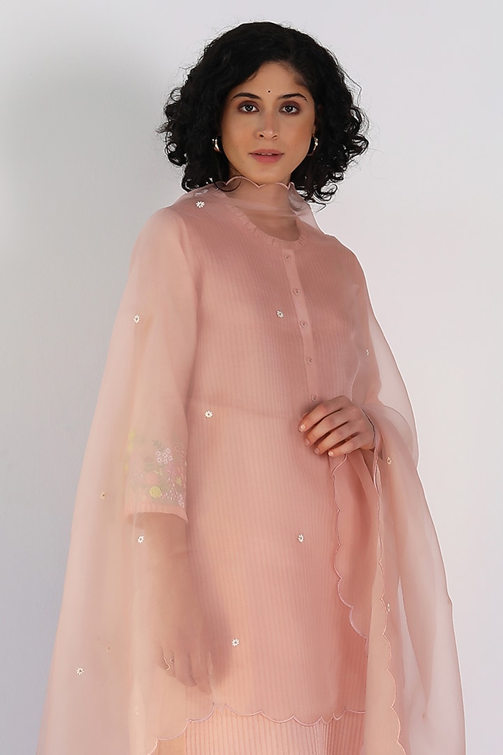 Old Rose Silk Chanderi Hand Embroidered Tunic Set by Arcvsh by Pallavi Singh at Pernia's Pop Up Shop