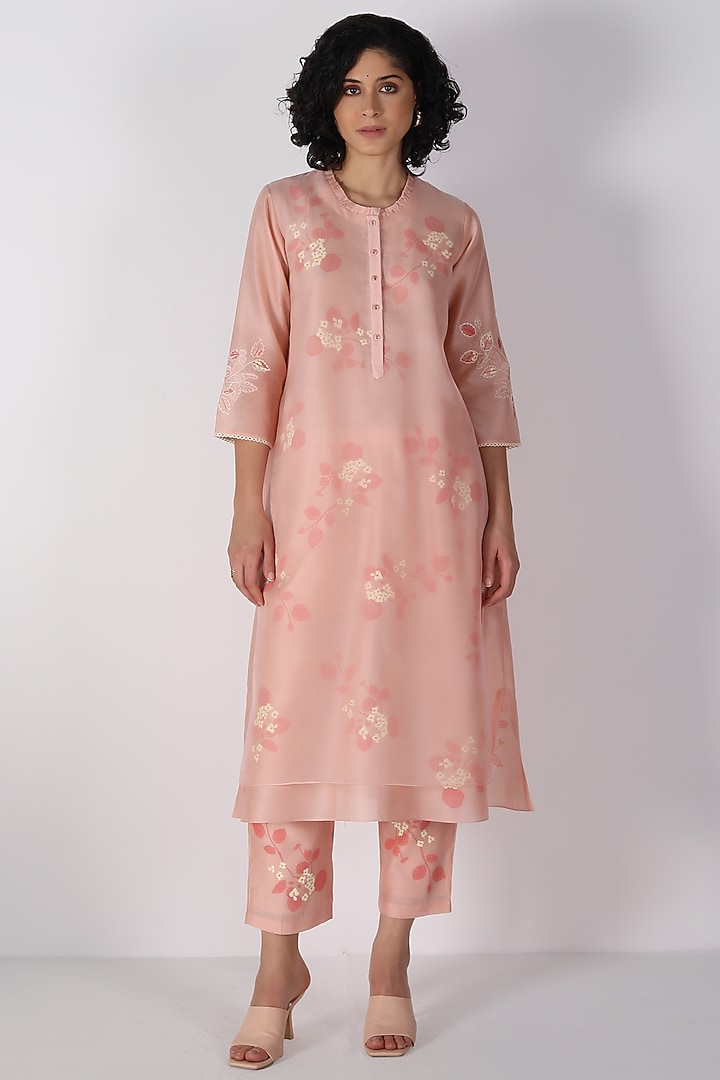 Old Rose Silk Chanderi Printed & Embroidered Tunic Set by Arcvsh by Pallavi Singh at Pernia's Pop Up Shop